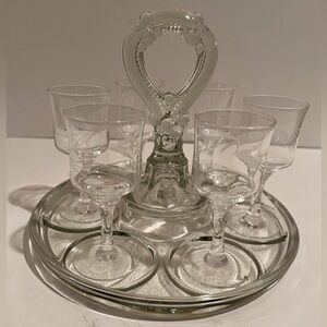 Vintage L.E. Smith Pressed Glass Handled Drink Caddy with 6 Cordial Glasses